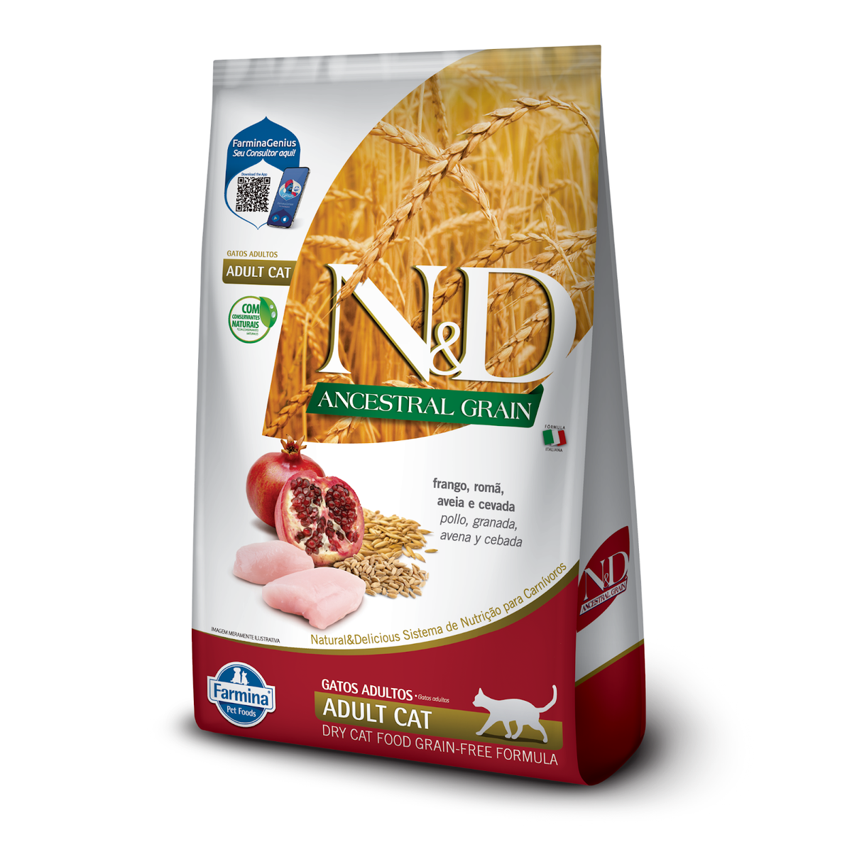N&D Ancestral para Gatos Adultos de Todas as Raças Sabor Frango, Romã, Aveia e Cevada 7,5Kg