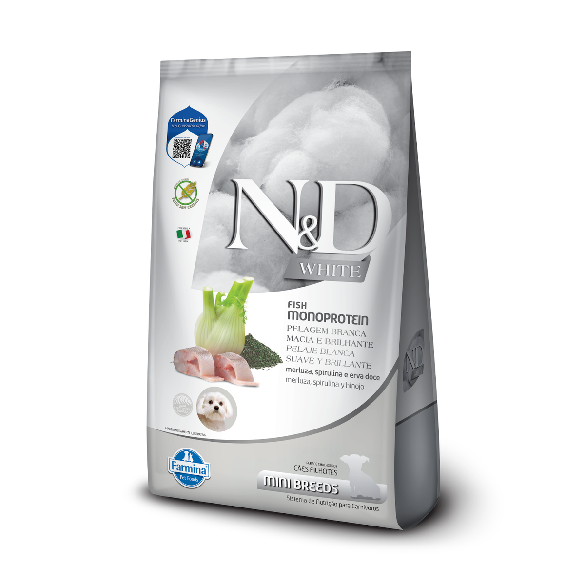N&D White para Cães Filhotes de Raças Mini e Pequenas Sabor Merluza, Spirulina e Erva Doce 1,5Kg