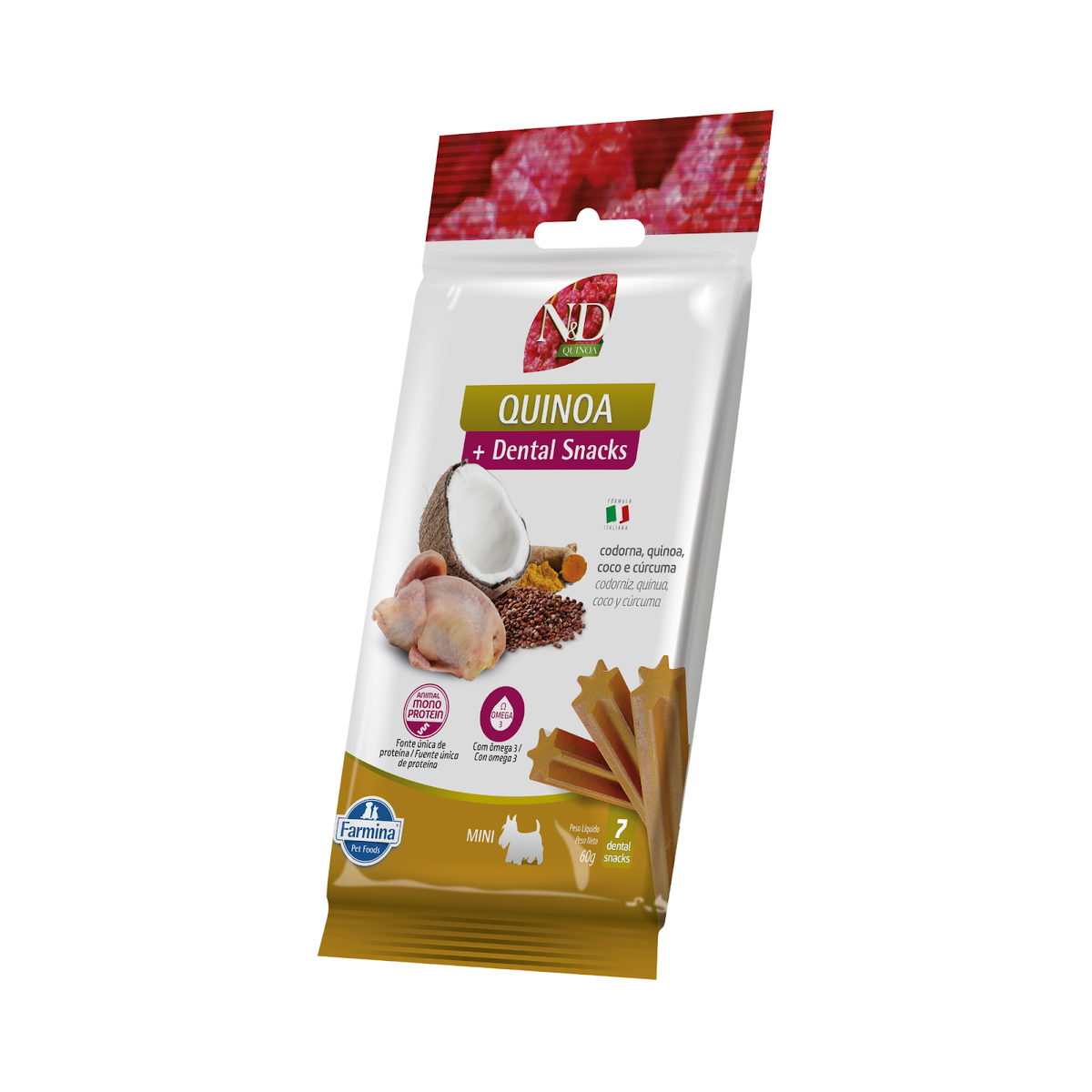 Petisco Dental N&D Quinoa para Cães de Raças Mini e Pequenas Sabor Codorna, Quinoa, Coco e Cúrcuma 60g