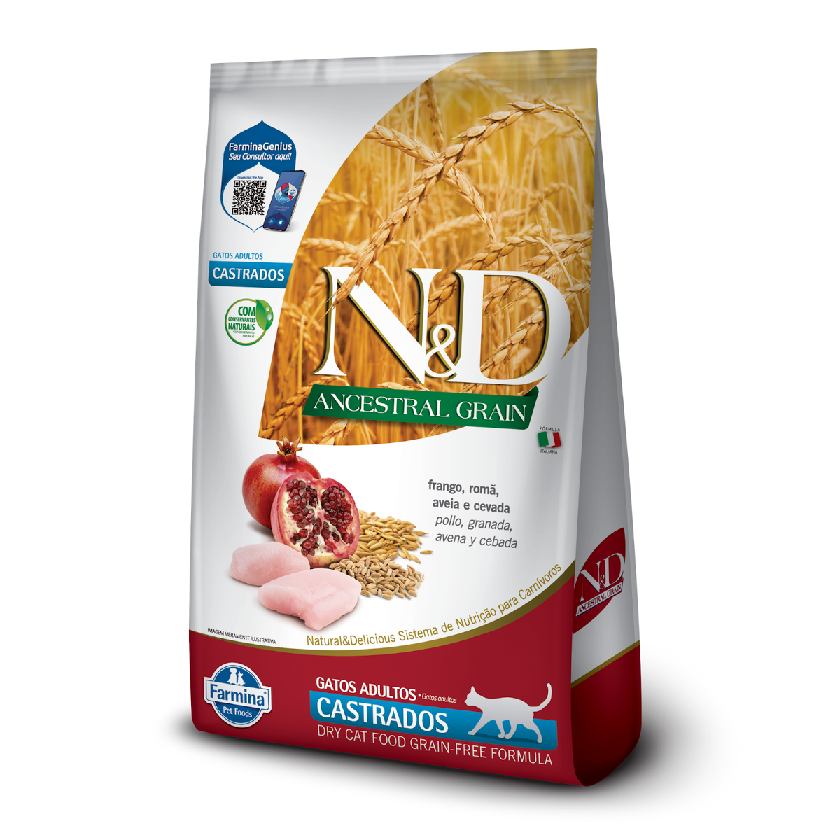 N&D Ancestral para Gatos Adultos Castrados de Todas as Raças Sabor Frango, Romã, Aveia e Cevada 400g
