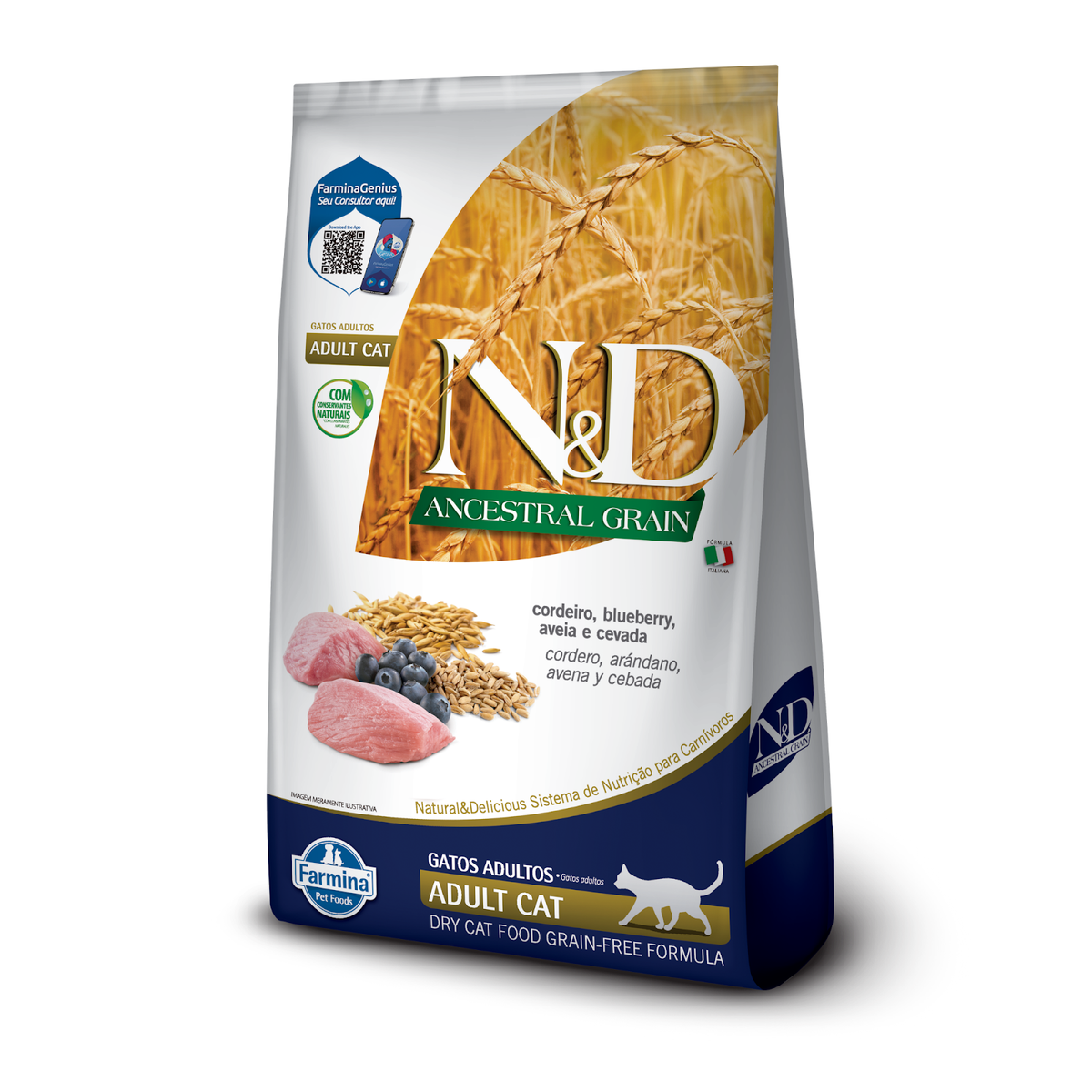 N&D Ancestral para Gatos Adultos de Todas as Raças Sabor Cordeiro, Blueberry, Aveia e Cevada 7,5Kg