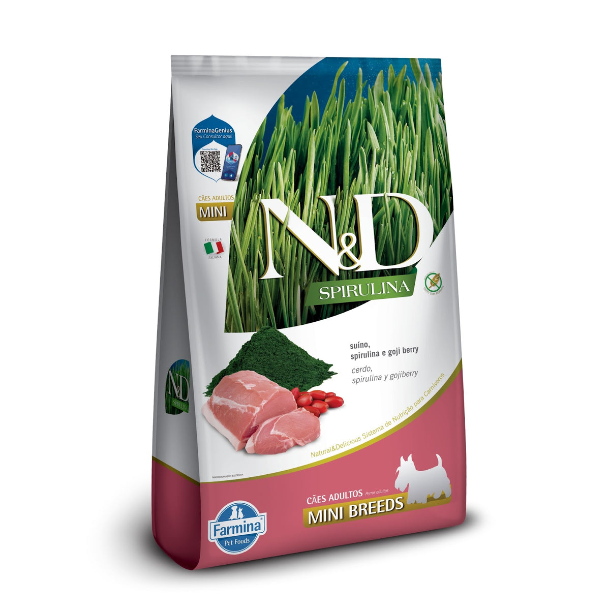 N&D Spirulina para Cães Adultos de Raças Mini e Pequenas Sabor Suíno, Spirulina e Goji Berry 7Kg