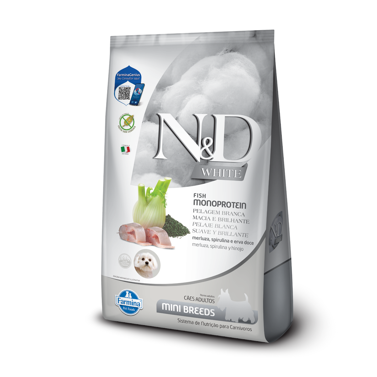 N&D White para Cães Adultos de Raças Mini e Pequenas Sabor Merluza, Spirulina e Erva Doce 7Kg