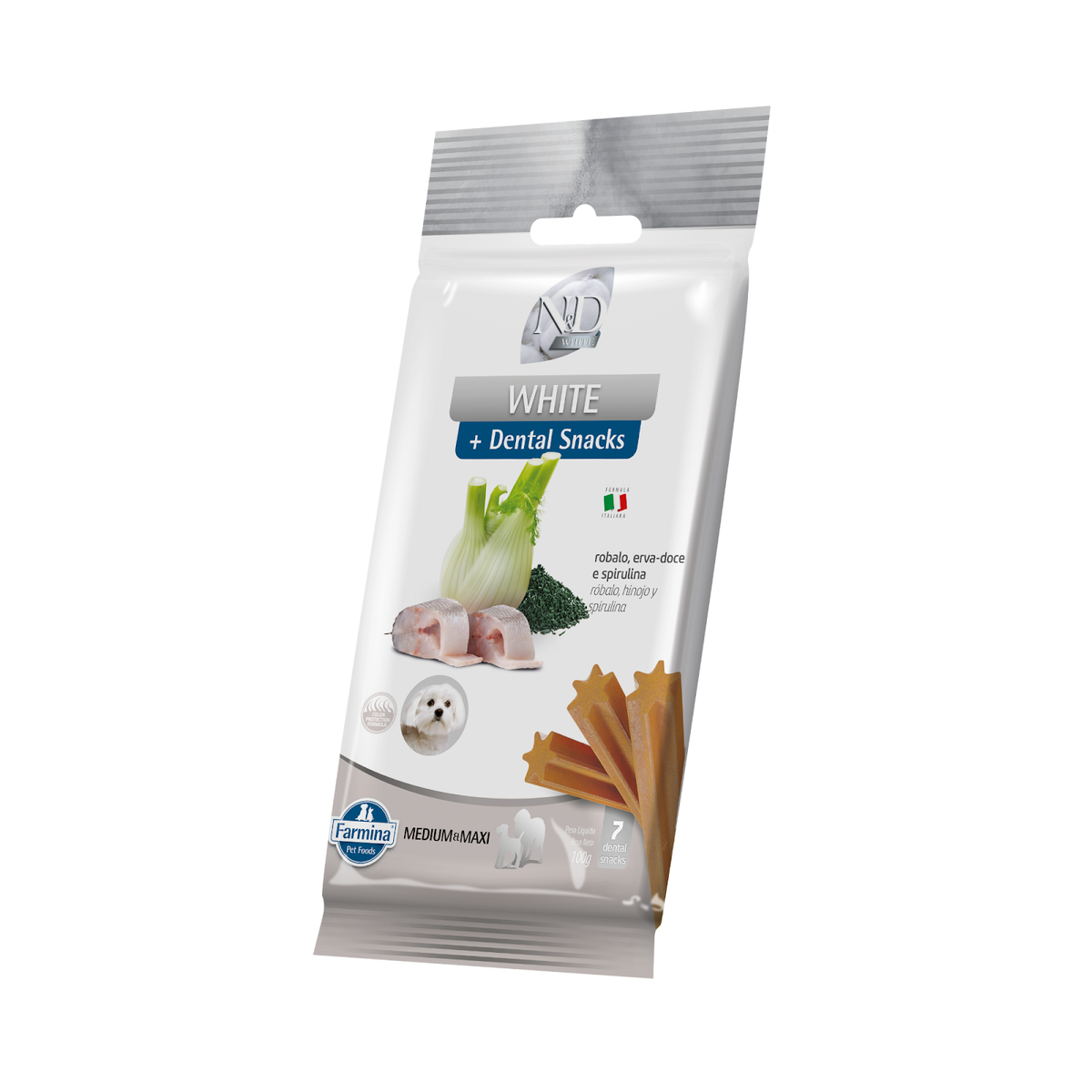 Petisco Dental N&D White para Cães de Raças Médias e Grandes Sabor Robalo, Erva-doce e Spirulina 100g