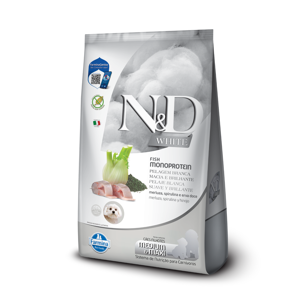 N&D White para Cães Filhotes de Raças Médias e Grandes Sabor Merluza, Spirulina e Erva Doce 7Kg