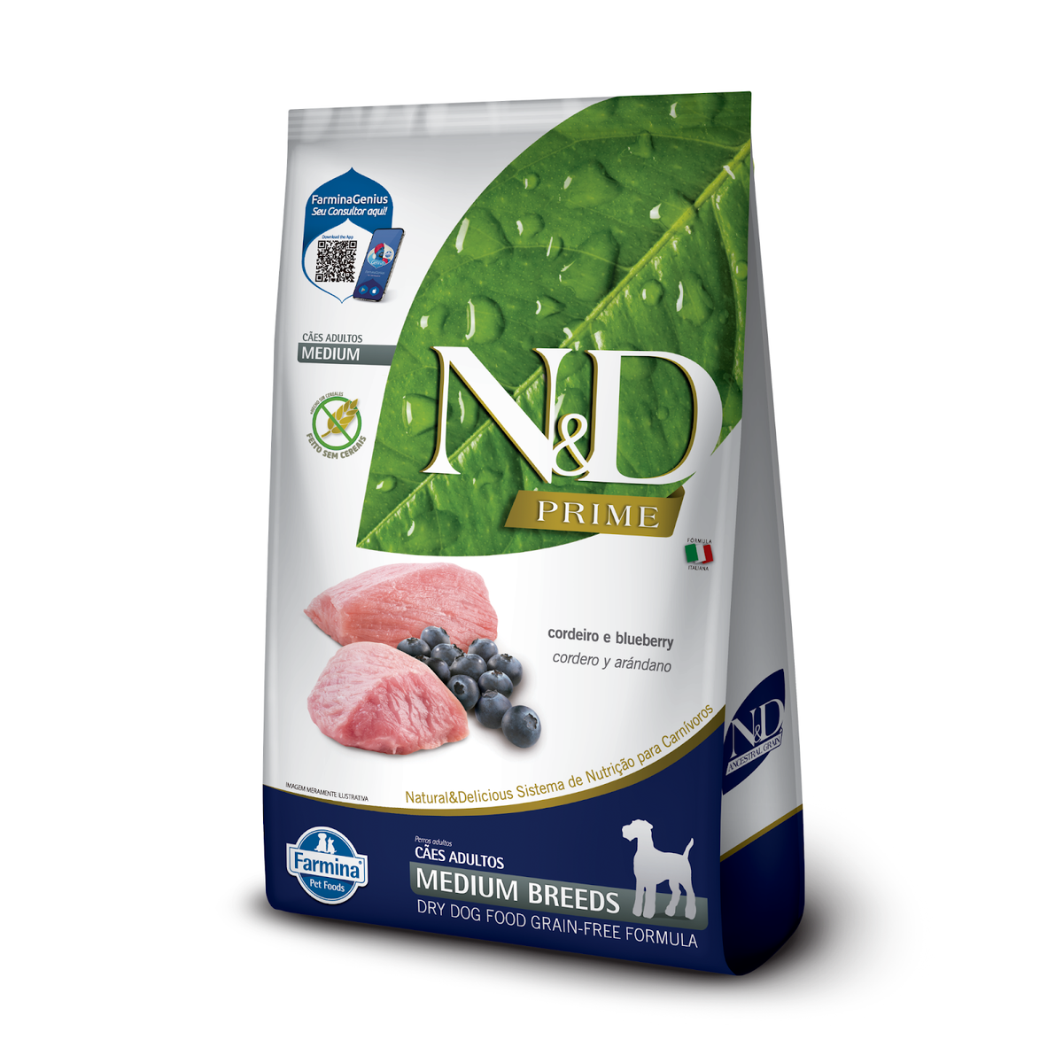 N&D Prime para Cães Adultos de Raças Médias Sabor Cordeiro e Blueberry 10,1Kg