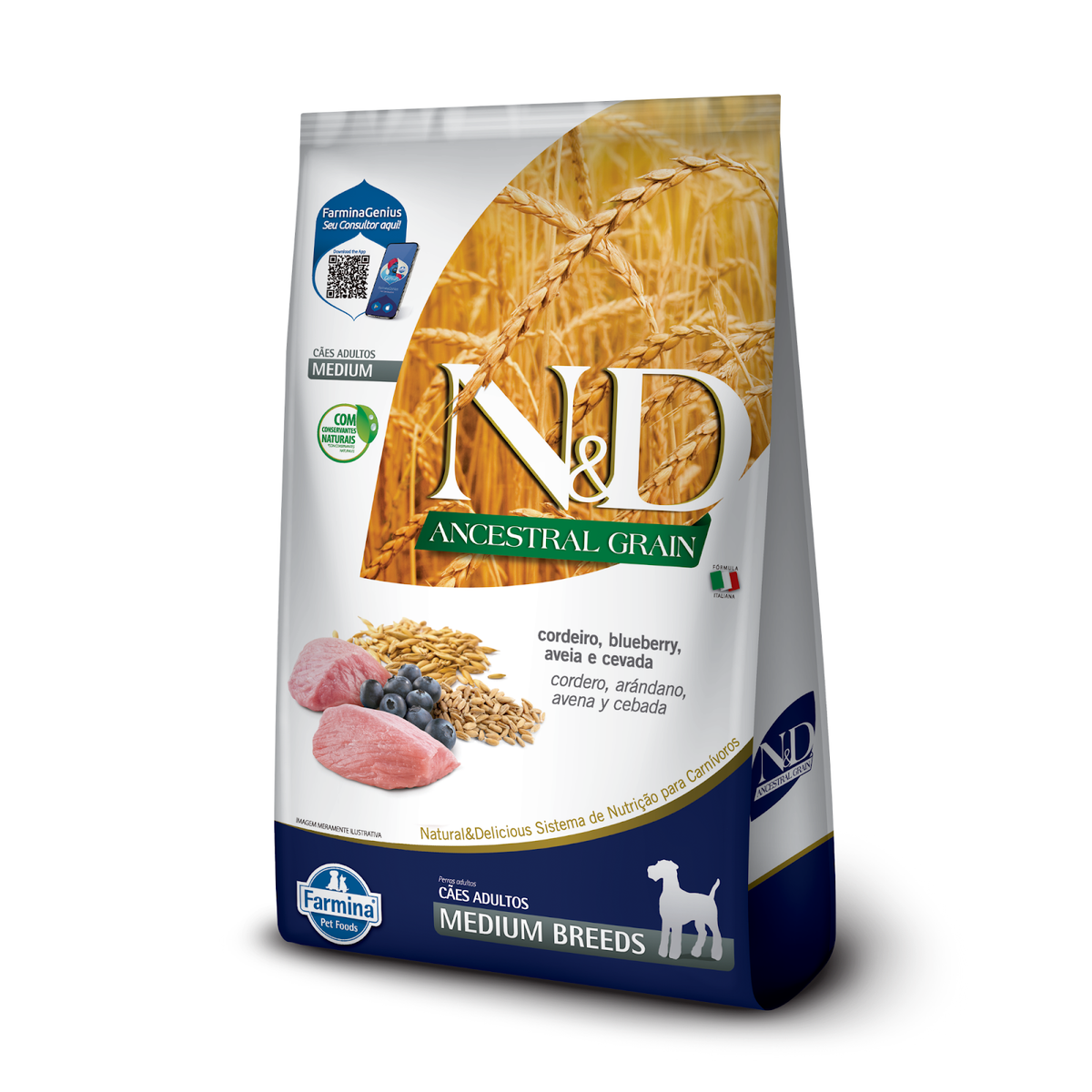 N&D Ancestral para Cães Adultos de Raças Médias Sabor Cordeiro, Blueberry, Aveia e Cevada 2,5Kg